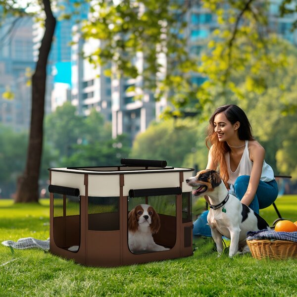 PawHut Box per Animali con 6 Finestre, 3 Porte e 2 Borse Portaoggetti, Poliestere e Acciaio, 74x60x45 cm, Marrone | Aosom Italy