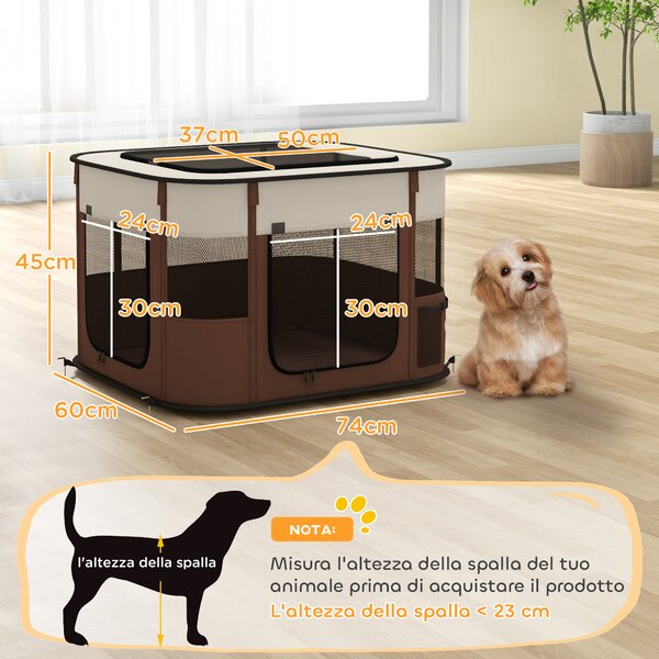 PawHut Box per Animali con 6 Finestre, 3 Porte e 2 Borse Portaoggetti, Poliestere e Acciaio, 74x60x45 cm, Marrone | Aosom Italy