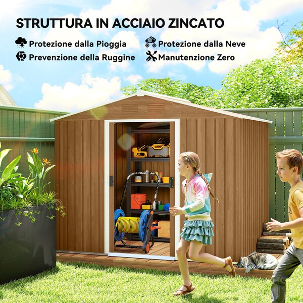 Outsunny Capanno Porta Attrezzi da Giardino con Porte Scorrevoli, Casetta in Lamiera di Acciaio, 236x174x190 cm, Marrone | Aosom Italy