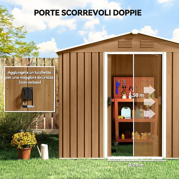 Outsunny Capanno Porta Attrezzi da Giardino con Porte Scorrevoli, Casetta in Lamiera di Acciaio, 236x174x190 cm, Marrone | Aosom Italy