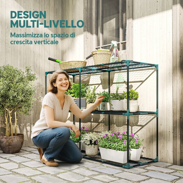 Outsunny Portapiante a 3 Livelli Aperti in Acciaio e Plastica, 143x48x100 cm, Verde Scuro | Aosom Italy
