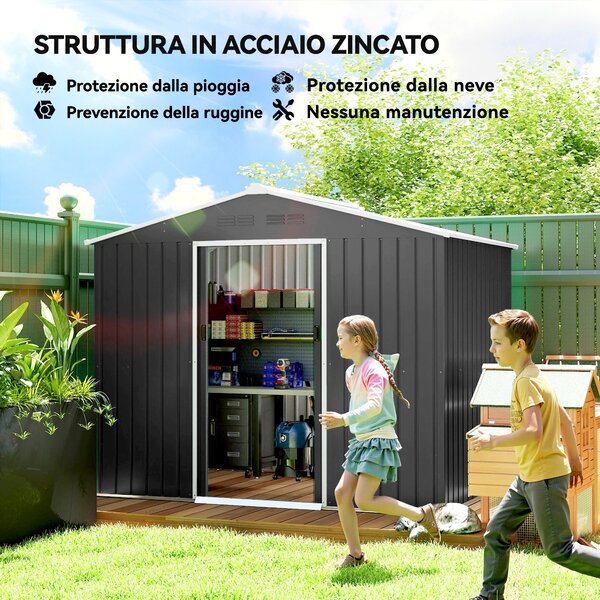 Outsunny Casetta da Giardino con Prese d'Aria e Doppia Porta Scorrevole, Capanno Porta Attrezzi in Acciaio, 2.3x1.7 m, Grigio Scuro | Aosom Italy