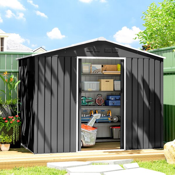 Outsunny Casetta da Giardino con Prese d'Aria e Doppia Porta Scorrevole, Capanno Porta Attrezzi in Acciaio, 2.3x1.7 m, Grigio Scuro | Aosom Italy