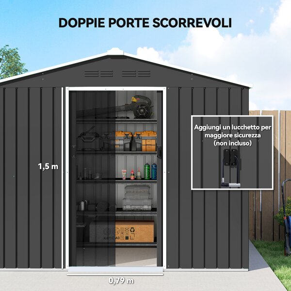Outsunny Casetta da Giardino con Prese d'Aria e Doppia Porta Scorrevole, Capanno Porta Attrezzi in Acciaio, 2.3x1.7 m, Grigio Scuro | Aosom Italy