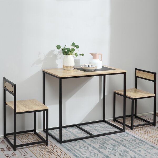 HOMCOM Set Tavolo e sedie da Sala da pranzo Set da 1 Tavolo + 2 sedie incastonabili per Cucina - metallo Nero Effetto quercia Chiara