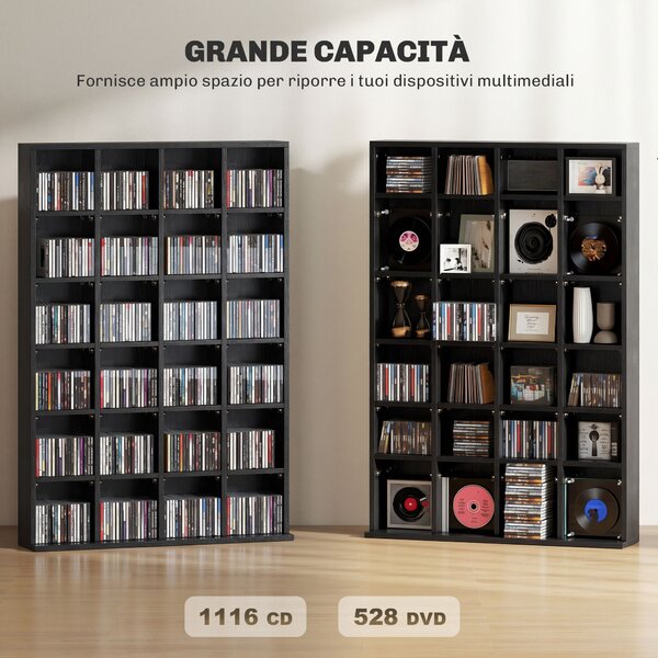 HOMCOM Mobile Porta CD con Ripiani Regolabili per 456 CD o 336 DVD, 24 Scomparti, 89x20x130.5 cm, Nero | Aosom Italy