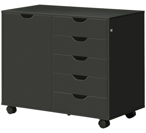 HOMCOM Mobile portaoggetti da scrivania con 5 cassetti 1 porta ripiano regolabile, supporto stampante su ruote, 78x40x66,5 cm, nero | Aosom Italy