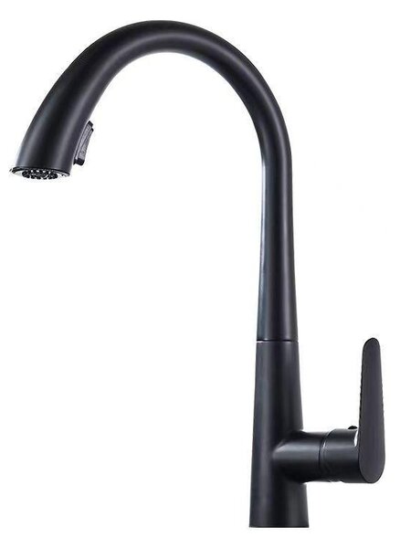 Rubinetto da cucina estraibile, orientabile a 360°, acciaio inossidabile spazzolato, due modalità di getto, valvola in Vetroceramica, miscelatore monocomando, adatto all'alta pressione, nero