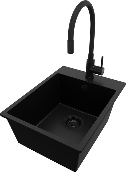 Lavello in granito PRIMAGRAN, modello "Alles Schwarz", 38x50 cm, con vasca singola + rubinetto da cucina 40x38 cm + set di scarico, lavello da cucina per mobili base da 40 cm - Riga