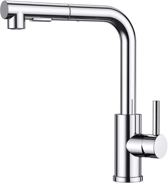 Miscelatore a L in acciaio inossidabile, rubinetto da cucina orientabile con funzione a spruzzo, rubinetto da cucina, orientabile a 360°, cromo lucido