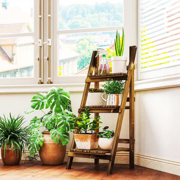 Outsunny Portapiante Pieghevole Portavasi in Legno di Abete con 3 Livelli Scaffale da Esterno per Piante Portafiori 40x37x93cm|Aosom