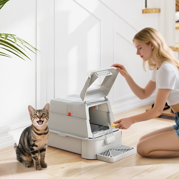 PawHut Lettiera per Gatti Chiusa da 80L con Vassoio Estraibile, in ABS e Acciaio Inox, 63x43x43 cm, Grigio Chiaro | Aosom Italy