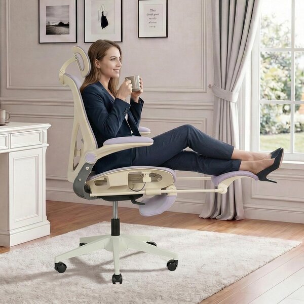 Sedia da ufficio pieghevole MODFU, sedia girevole con poggiatesta 3D, sedia a rete regolabile in altezza, poltrona relax con supporto lombare e funzione reclinabile, colore viola
