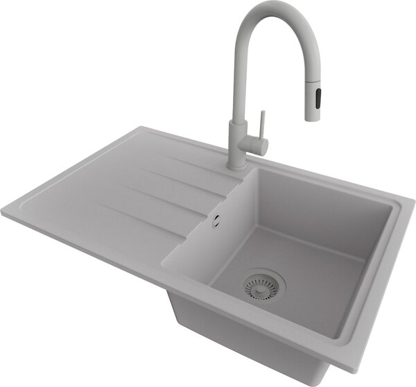 Lavello PRIMAGRAN in granito grigio 78x50cm, lavello 1 vasca + rubinetto cucina 40x20cm + set di scarico, lavello cucina da base 45 cm - Milano