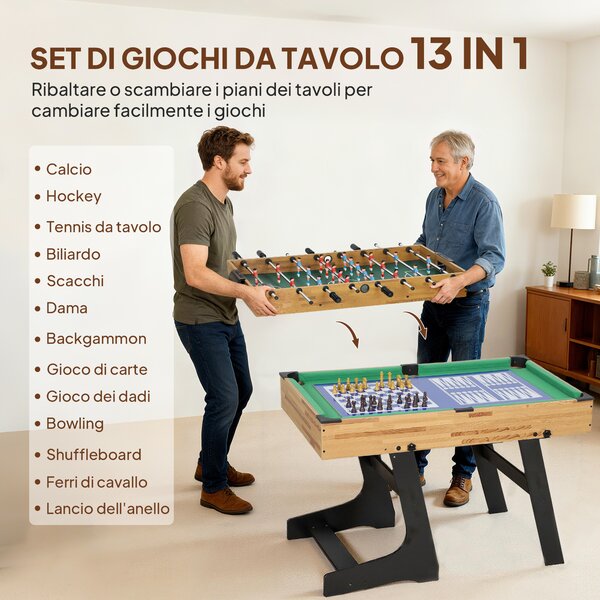 SPORTNOW Tavolo da Gioco 13 in 1 Pieghevole con Calciobalilla, Ping Pong, Hockey, Biliardo, Scacchi e Altri, Noce | Aosom Italy