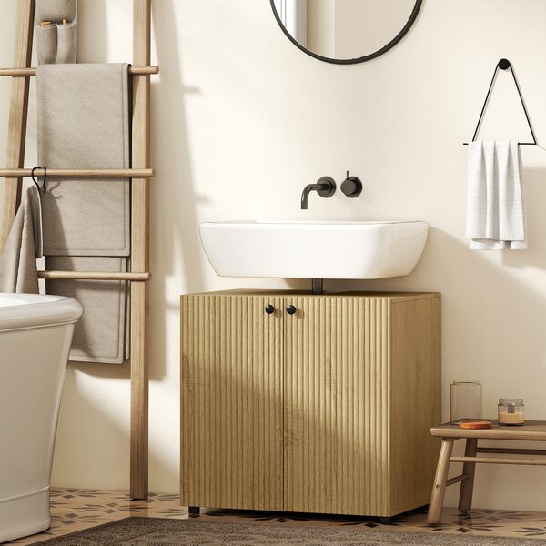 HOMCOM Mobile sotto lavabo 2 ante con chiusura ammortizzata, ripiano regolabile, 60×39,8×58,5 cm, legno naturale | Aosom Italy