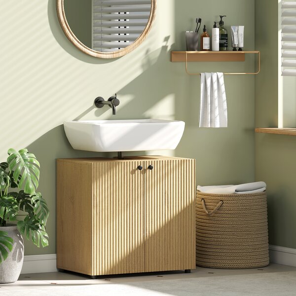 HOMCOM Mobile sotto lavabo 2 ante con chiusura ammortizzata, ripiano regolabile, 60×39,8×58,5 cm, legno naturale | Aosom Italy
