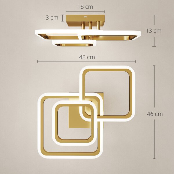 HOMCOM Plafoniera LED 40W 4300 lm, 3 temperature di colore, 3 anelli dorati, 48 x 46 x 13 cm | Aosom Italy