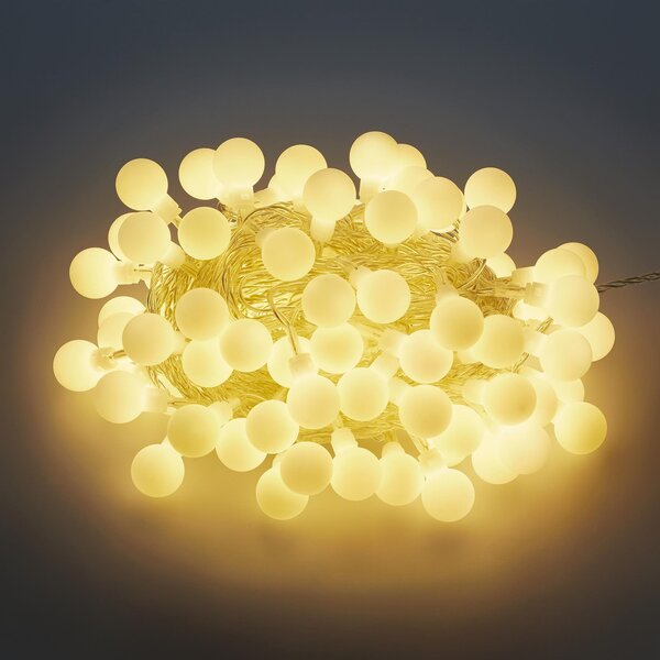 Catena luminosa LED sfere 50 LED bianco caldo a batteria per feste all'aperto, giardino, esterni