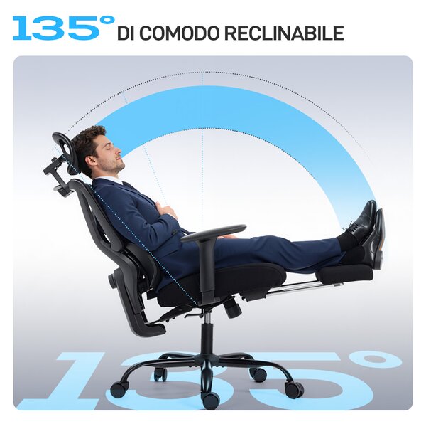 HOMCOM Sedia da Ufficio Ergonomica e Traspirante con Supporto Lombare Dinamico e Poggiapiedi, 73x75x120-128 cm, Nero | Aosom Italy