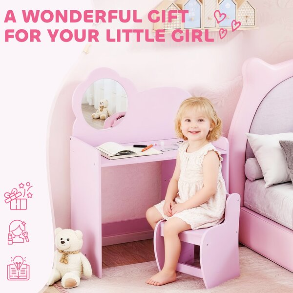 AIYAPLAY Toeletta per bambini con sgabello, specchio a forma di fiore e ripiani aperti, 3-8 anni, Viola | Aosom Italy