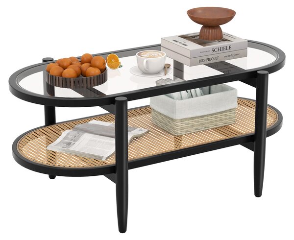 KOMFOTTEU, tavolino da caffè a due piani in legno, forma ovale, con piano in vetro temperato e ripiano in rattan, struttura in legno, ideale come tavolino da salotto o da camera da letto, dimensioni 102x56x47 cm, colore nero