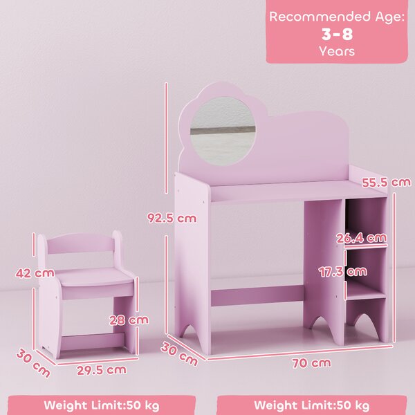 AIYAPLAY Toeletta per bambini con sgabello, specchio a forma di fiore e ripiani aperti, 3-8 anni, Viola | Aosom Italy