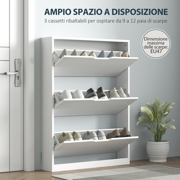 HOMCOM Scarpiera Slim a 3 Cassetti Ribaltabili con Intaglio Inferiore, in Legno, 80x17x108 cm, Bianco | Aosom Italy