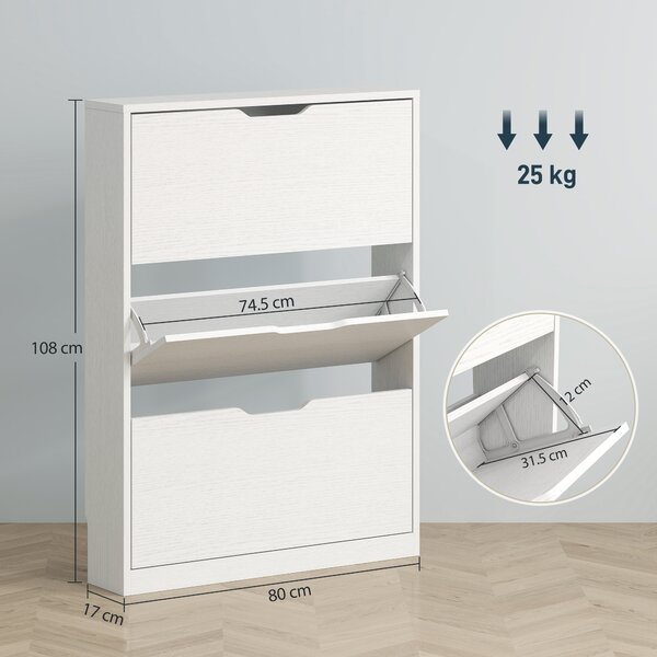 HOMCOM Scarpiera Slim a 3 Cassetti Ribaltabili con Intaglio Inferiore, in Legno, 80x17x108 cm, Bianco | Aosom Italy