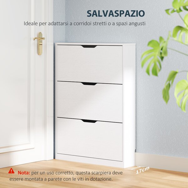 HOMCOM Scarpiera Slim a 3 Cassetti Ribaltabili con Intaglio Inferiore, in Legno, 80x17x108 cm, Bianco | Aosom Italy