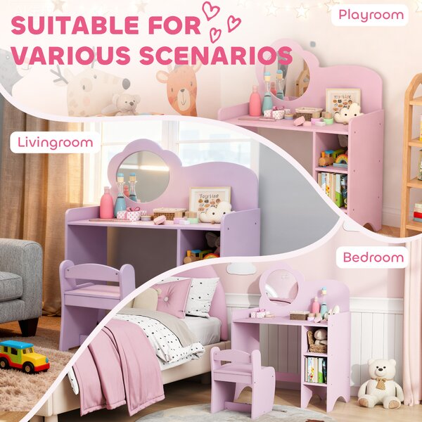 AIYAPLAY Toeletta per bambini con sgabello, specchio a forma di fiore e ripiani aperti, 3-8 anni, Viola | Aosom Italy