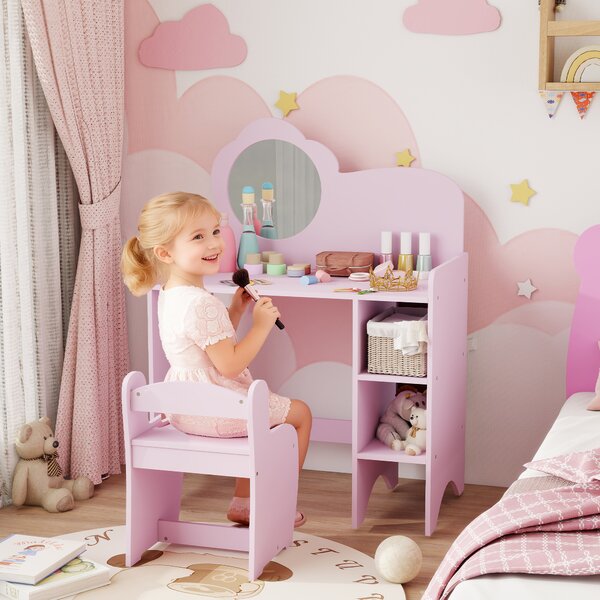 AIYAPLAY Toeletta per bambini con sgabello, specchio a forma di fiore e ripiani aperti, 3-8 anni, Viola | Aosom Italy