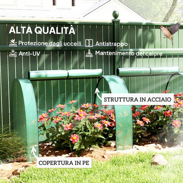 Outsunny Serra a Tunnel da giardino con 4 Porte a cerniera avvolgibile, in Acciaio e Plastica Impermeabile Anti UV, 395x100x80 cm, Verde | Aosom Italy