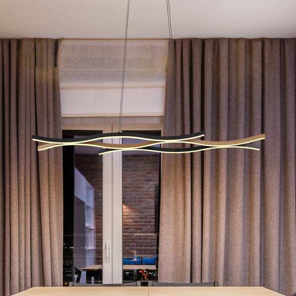 Globo Lampada LED a sospensione Geronimo, lunghezza 108 cm, nero/effetto legno Geronimo, Nero, Soggiorno / Sala da pranzo, Alluminio, Moderno