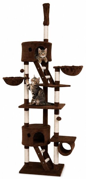 Tiragraffi lionto con tenditore a soffitto, torre attività grande 230-250 cm con 2 grotte, 2 abbeveratoi, scale e palline, marrone
