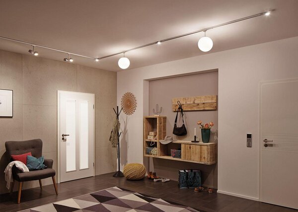 Paulmann URail, sistema di binari a LED, modello Spot Double Pellet, 2 luci da 4W, finitura cromo opaco/bianco, 230V, dimmerabile, materiali: metallo/plastica