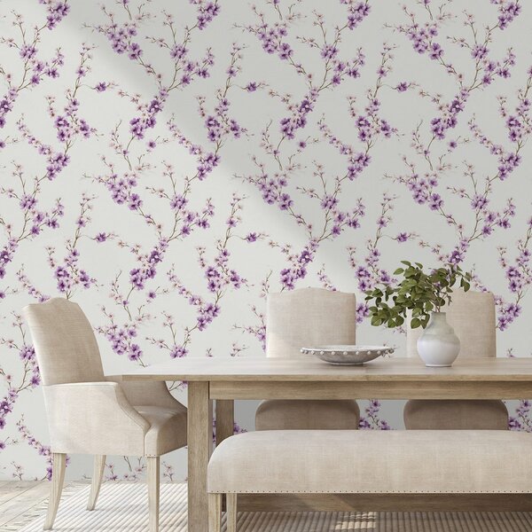 Carta da parati – Fiori viola su sfondo chiaro