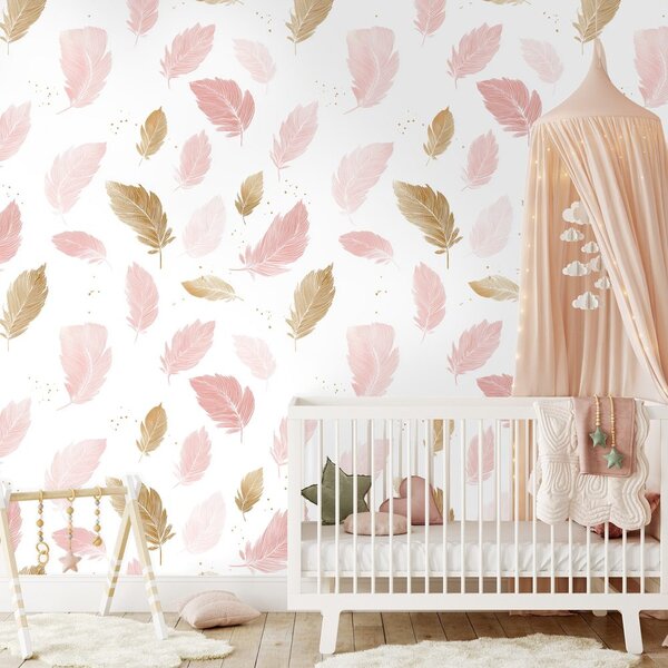 Carta da parati – Piume delicate rosa e oro