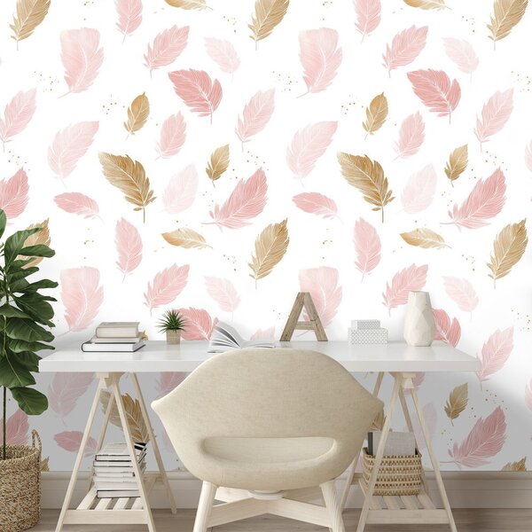 Carta da parati – Piume delicate rosa e oro