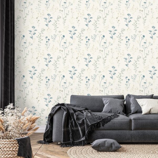 Carta da parati – Delicati fiori blu su beige