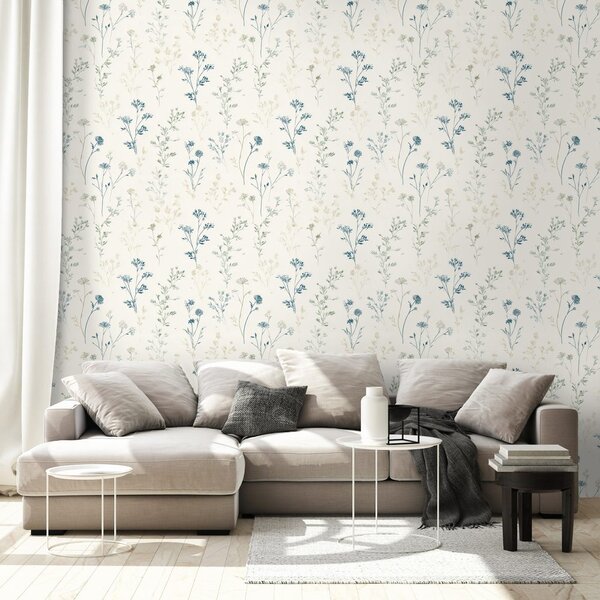 Carta da parati – Delicati fiori blu su beige