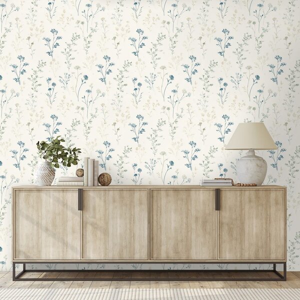 Carta da parati – Delicati fiori blu su beige