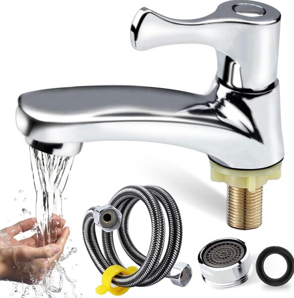 Rubinetto monocomando per acqua fredda, ideale per bagno, con tubo di collegamento da 60 cm e filtro, adatto per cucina, bagno e toilette per ospiti (argento)