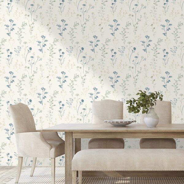 Carta da parati – Delicati fiori blu su beige