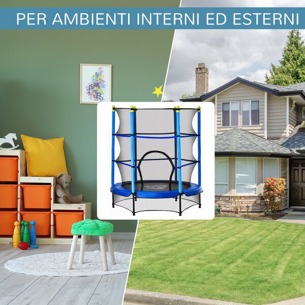 HOMCOM Tappeto Elastico per Bambini 3-6 Anni con Rete, Bordo Imbottito e Corde Elastiche, Trampolino da Giardino Φ140x160cm Blu e Nero|Aosom