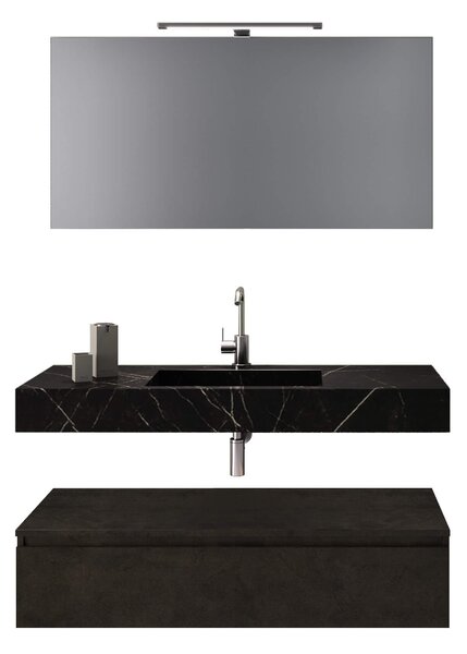 Composizione Bagno 120cm Con Vasca Integrata Cassetto E Specchio - Top nero grafite + base pietra lavica con riflesso bronzo