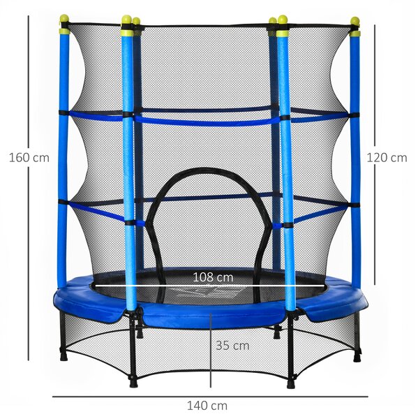 HOMCOM Tappeto Elastico per Bambini 3-6 Anni con Rete, Bordo Imbottito e Corde Elastiche, Trampolino da Giardino Φ140x160cm Blu e Nero|Aosom