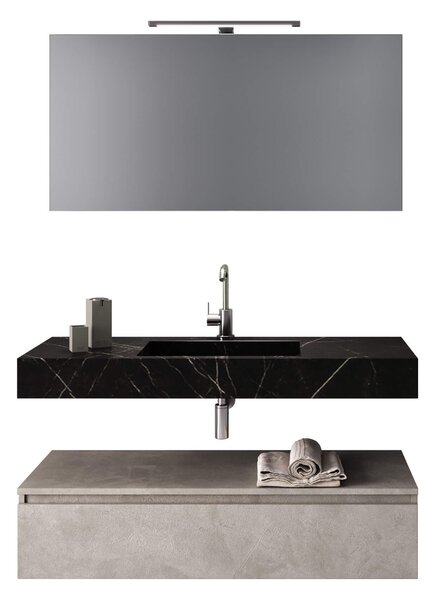 Composizione Bagno 120cm Con Vasca Integrata Cassetto E Specchio - Top nero grafite + base avana effetto pietra