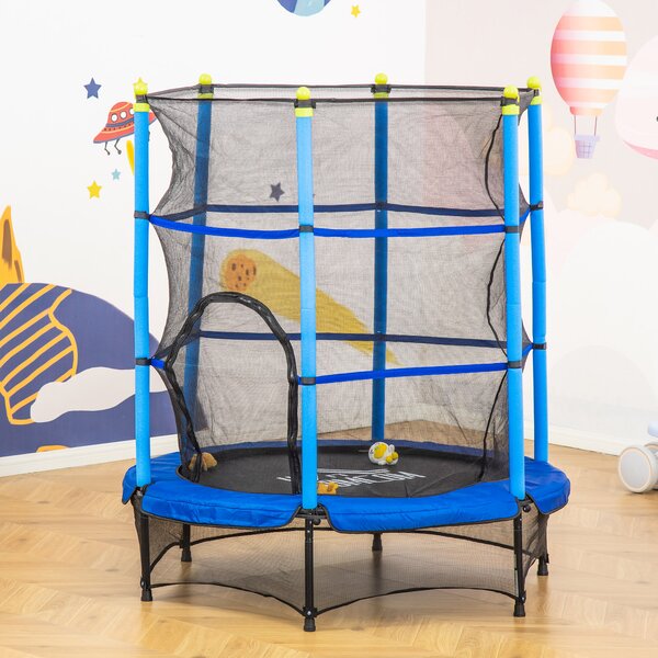 HOMCOM Tappeto Elastico per Bambini 3-6 Anni con Rete, Bordo Imbottito e Corde Elastiche, Trampolino da Giardino Φ140x160cm Blu e Nero|Aosom