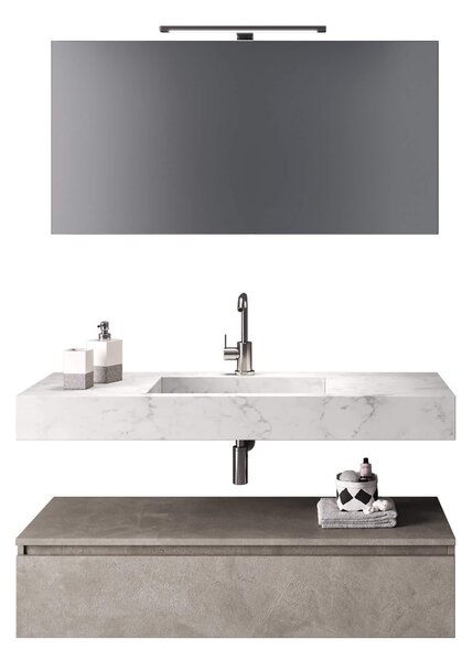 Composizione Bagno 120cm Con Vasca Integrata Cassetto E Specchio - Top effetto marmo di carrara + base avana effetto pietra